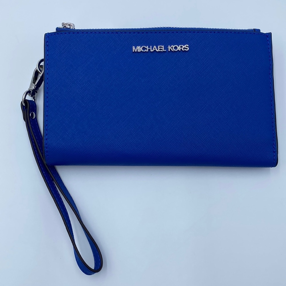 423. Michael Kors Double Zip Wallet Wristlet Blue Saffiano Leather